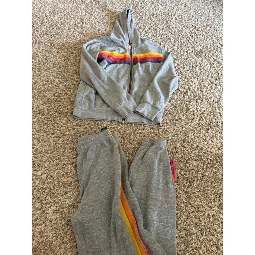 Aviator Nation 5-Stripe Zip Hoodie and Sweatpants Set Heather Grey Rainbow